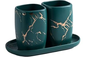 FülleMore Keramik Zahnputzbecher Set luxuriös Marmor Optik 3-teiliges Badezimmer Zubehörset 2er Zahnputzbecher mit Tablett Badzubehör Set (Grün)