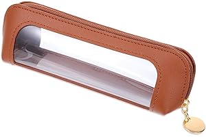 PSYQTSUARY Clear Makeup Pouch, PU Leather Small Makeup Brush Bag Portable Travel Mini Cosmetic Bag Transparent Waterproof Organizer Pouch with Zipper for Women Home Travel Office Cosmetic Storage (Brown)