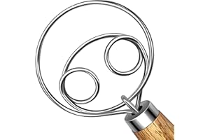 AOZUOTON Danish Dough Whisk Stainless Steel Dough Hook Dutch Whisk for Sourdough Bread Dough Mixer Hand Wooden Handle Kitchen Whisking Mixing Tool Bread Making Tools and Supplies (2 Eyes Dough Whisk)