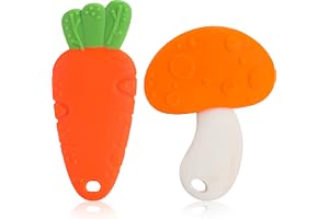 LuvLap Baby Silicone Teether for Teething Gums, Teething Toy with Textured Surface for Infants and Babies, 100% Food Grade Silicone, Carrot & Mushroom Design, Pack of 2 (Orange, White & Green)