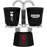 Bialetti - Stranger Things Set Mini Express: Ocak &Uuml;st&uuml; Espresso Pişirici + 2'li Seramik Isıya Duyarlı Shot Bardağı Seti, Renk