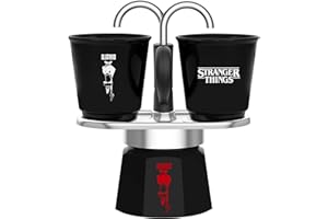 Bialetti Set Mini Express Stranger Things, 2 Bicchierini Termosensibili in ceramica inclusi, Cambia colore, Non adatta all'induzione, Nero, 2 Tazze