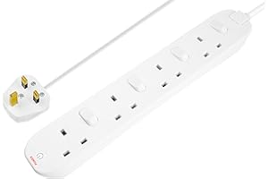 Masterplug Four Socket Extension Lead, 2 Metre Cable, Individual Switches, Power and Surge LED Indicators, 4-Way Plug Extension Cable, Power Strip, White, 13A, 4G, 2m, SWC4210N