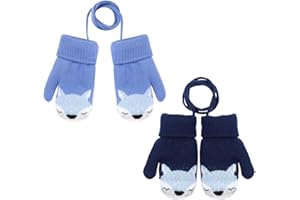 EYWILYWI 2 Pairs Kids Thick Knitted Gloves,Kids Mittens on String for Toddle Warm Fleece Lined Gloves for Kids,Cute Cartoon Hang Neck Mittens,Baby Winter Warm Mittens for Kids 1-3 Years.