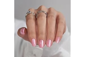 BTArtbox Press On Nails Short - Square False Nails with Pink Chrome Design, Reusable Stick On Nails for Women in 15 Sizes - 30 Pcs Soft Gel Fake Nail Kit, Lotus Glazed