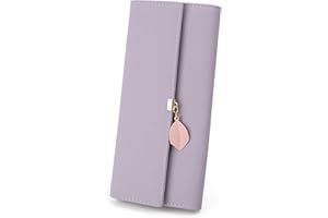 UTO Purses for Women Ladies Long Wallet Leaf Pendant Zipper Coin Pocket Multi Card Slots Faux Leather Light Purple