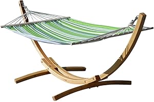 ALEOS. 320cm Hängemattengestell Blanca-SOSUA Hängematte mit Gestell aus Holz Lärche Natur mit grün gestreifter Stabhängematte