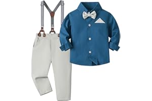 FAIRYRAIN 2-Teiliges Kleinkind Jungen Babyanzug Gentleman Kinder Langarm Hemd + Hose mit Träger Anzug Kleidung Se