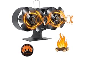 PYBBO Stove Fan, Log Burner Fan, Upgrade 8 Blades Heat Powered Eco Fireplace Fan with Thermometer, Silent for Home Wood Burning/Log Burner/Fireplaces