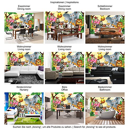 Vlies Fototapete 350×245 cm PREMIUM PLUS Wand Foto Tapete Wand Bild Vliestapete – JUNGLE ANIMALS PARTY – Kinderzimmer Kindertapete Dschungel Zoo Tiere Giraffe Löwe Affe – no. 013 - 5