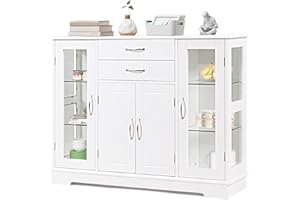 GIANTEX Aparador de Cocina con Cajones, 2 Puertas de Vidrio, Armario Buffet de Madera, Estilo Rústico, Mueble Auxiliar de Almacenamiento, para Comedor, Cocina, Salón, Color Blanco