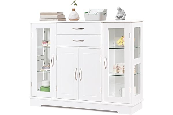 COSTWAY Skänk med Härdade Glasdörrar och Lådor – Förvaringsskåp i Trä med 2 Lådor och 3 Hyllor, Vit, Robust Köksskåp och Bufféskåp för Matsal och Kök 107x30x82 cm