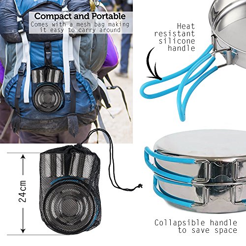 Bramble - Deluxe 10 Stück Camping Kochgeschirr Set, Edelstahl, unglaublich leicht & kompakt, zusammenklappbare Griffe mit einem einzigartigen verschachtelten Design - 5 Jahre Garantie – Bild 5