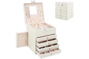 CASIWAFT Jewellery Box Organiser with 6 Drawers and Mirror, Large PU Jewelry Organiser Display Case with Side Drawers, 5 Layers Jewellery Box for Rings Earrings Bracelets Necklaces, Beige