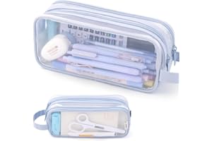 DEYAAH Large Clear Mesh Pencil Case Pouch, 2 Compartment Pen Bag Multifunction Pencil Pouch Transparent Makeup Bag for Teen Student College Business Travel Office Adult (Blue)