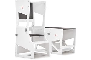Bianconiglio Kids ® TRANSFORMER REGOLABILE: La Versatile Learning Tower Montessori Trasformabile in Tavolino, Pedana e Scrivania - L'Unica con Regolazione in Altezza