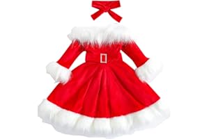 VIOYAVO Kid Girls Christmas Dress Set Faux Fur Velvet Long Sleeve Off Shoulder Dress High Waist A-line Princess Dress+Headband Outfit