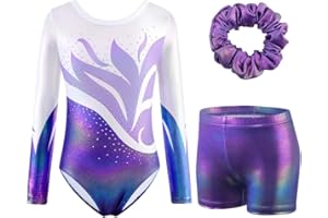 XiaoMoSha Girls Three-Piece Gymnastics Leotards Set Long Sleeve Leotards with Shorts and Hairband Sparkly Ballet Dance Unitards Gradient Color Design Gymnastics Outfits for Kids 3-12 Years
