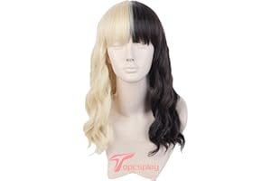 Topcosplay Peluca de Color Negro y Rubia para Mujeres Corta Bob Peluca Rizada con Flequillo Peluca Sintética para Halloween