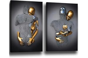 chongjian Liebe Herz 3D Grau Leinwand Wandkunst Moderne Gemälde 3d Abstrakt Umarmung Wanddekoration Schwarz und Weiß Metallfigur Skulptur Effekt Bild Wohnzimmer Dekoration Ohne Rahmen (Gold, 16x24in)