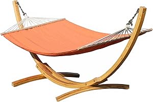 vanvilla Hängematte mit Gestell aus Lärche Lagarde 340cm x 120cm, Hängematte Orange, verzinkte Stahlteile, Holz Naturfarben, Hängemattengestell Holz
