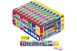 ‎MENTOS Mentos Rainbow Dragees, Frucht-Bonbons mit Orange, Erdbeer, Apfel, Heidelbeere, Himbeere, Melone & Grapefruit Geschmack, Süßigkeiten Multipack (40 Rollen), vegan