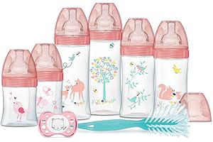 DODIE Kit Naissance - 6 Biberons Anti-Colique Sensation+ (2x150 mL; 2x270 mL; 2x330 mL), 1 Sucette Anatomique 0-6 Mois, 1 Goupillon - Sans BPA - Rose Jardin - 8 Unité (Lot de 1)