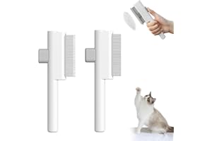 FINEHENCHI 2Pcs Flea Comb for Cats Dogs, Self Cleaning Pet Flea Comb Grooming Brush, Cat Dog Fleas Combs with Release Button, Stainless Steel Teeth for Removing Matted Fur (Fine-Toothed & Dual-Length Teeth)