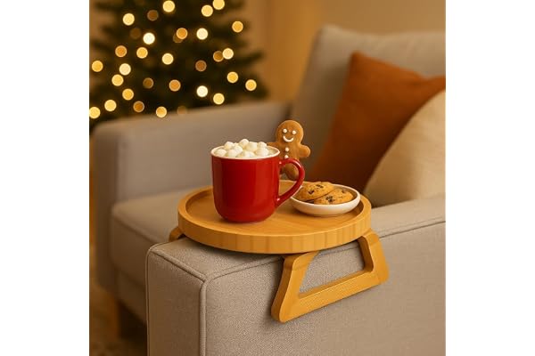 Questsole Home Round Sofa Armrest Tray 10 Inch Bamboo Clip-On Couch Table for Coffee Snacks Remote & Phone with Adjustable Arm Clamp