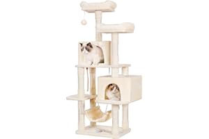 Hey-Brother Arbre à Chat, 145 cm Tour de Jeux pour Chats, avec Corde en sisal, 2 Grandes Maisons, 2 Plateformes, Beige EMPJ020-SM