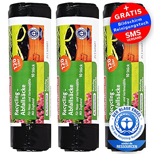 Recycling Schwerlast-Abfallsäcke mit Zugband – Extrem Reißfest & Füssigkeitsdicht 120 Liter – 30 Stück – 3er Pack (3 x 10 Stück) – Für Haushalt, Büro und Garten – „Blauer Engel“ Zertifikat - 2