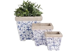 Esschert Design Aged Ceramic AC01 doniczka na kwiaty, zestaw 3 sztuk, biała/niebieska, 20 x 20 x 19,2 cm