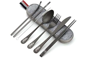 SOSAYI Stray SKZ Set di posate da campeggio in acciaio inox, nero, set di posate da viaggio con astuccio, cucchiai, forchette, coltelli, bacchette, cannucce, spazzola per la pulizia, borsa per posate