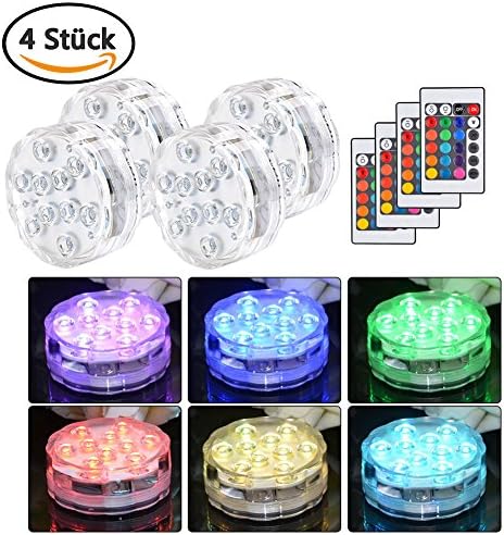 Deallink 4 Packs Submersible Lights 10 LED RGB Waterproof Dimmable Colorful Battery Powered Underwater Party Light for Wedding, Vase, Fish Tank, Garden, Other Event(With Wireless Remote Control)