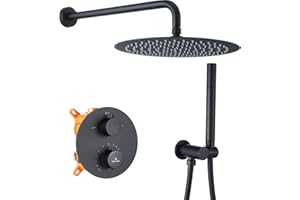 HOMELODY Systèmes de Douche Noir Douche Encastré Ensemble de Douche Thermostatique 38℃,Colonne Douche Encastrable Colonne de Douche Noir y Douche de Tête 12 Pouces,Compris Douchette,Corps en Laiton