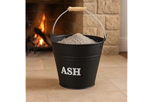 RAXTER Metal Ash Bucket with Wooden Handle, 12L Capacity, Black Fireplace Container with Lid for Wood Burning Stove