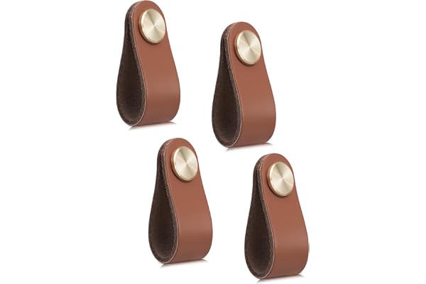 LEREATI 4pcs Poignée Meuble Cuir, Bouton Porte Placard Poignee Simili Cuir Bouton de Tiroir, Poignee de Meuble Vintage pour Armoires, Commode, Cuisine, Salle de Bain (Café Clair, Monotrou)