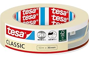tesa Cinta de Carrocero CLASSIC - Cinta de Enmascarar para Trabajos de Pintura - Sin Disolventes, Removible sin dejar Residuos - 50 m x 30 mm, Beige