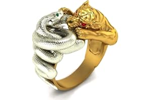 PIKALF Bague Serpent Tigré pour Homme, Bague serpent en argent et tigre doré, Bague Tête de Tigre Gothique ancien Yeux Rouges, Bague enveloppante de serpent aux yeux verts punk hip hop, Bijoux vikings