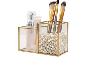 HARLIANGXY Porta Pennelli Make Up in Vetro Trasparente, Porta Pennelli da Trucco, Organizzatore per Cosmetici Oro, Organizer Pennelli Trucco, per pennelli, Eyeliner, Matite e Mascara
