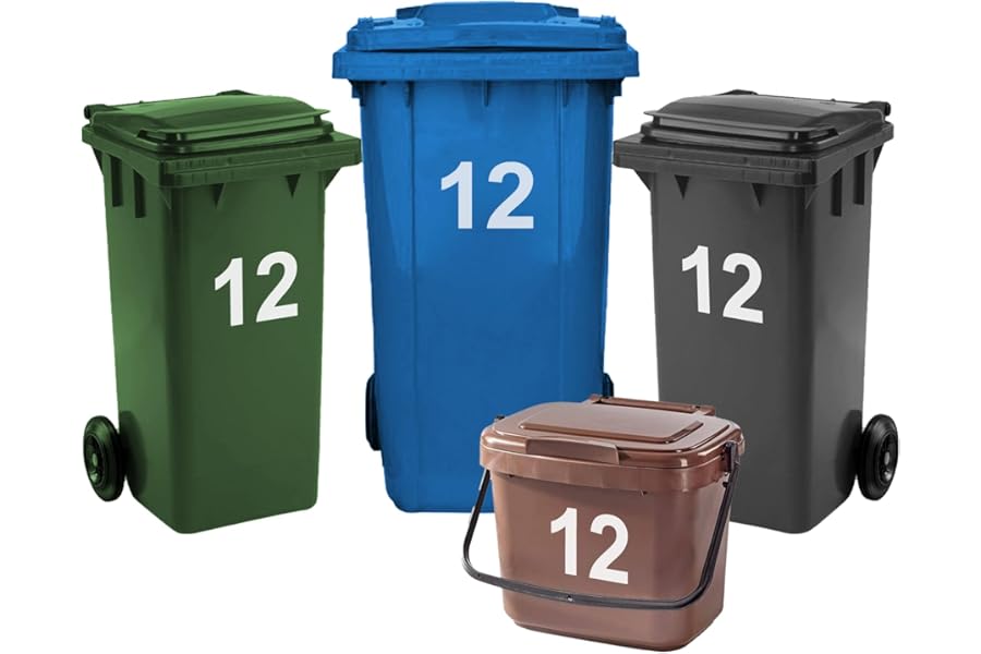 Rubigo 4 x Bin Numbers for Wheelie Bins, 0-99, Letters A-D, 17.5cm Dustbin Stickers, Easy Application Stick On Number Stickers - Weatherproof Self Adhesive Vinyl (12)