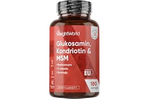 Glukosamin, kondroitin & MSM – 180 kapslar – 1–2 kapslar dagligen – Med vitamin C, hyaluronsyra & ekologisk gurkmeja – Tillverkad i EU – Glutenfri & Magnesiumstearatfri – Glukosamin från WeightWorld