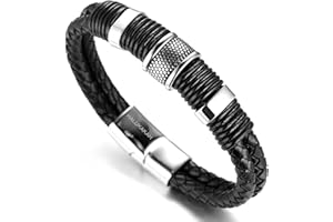 HALUKAKAH Kids ● Solo Junior ● Boy's 6-12+3 Y/O. Black Cowhide Leather Bracelet 18k Real Gold/Platinum Plated Titanium Beads Golden Silver Magnetic Clasp Size Adjustable 18-19.5cm with Free GIftbox