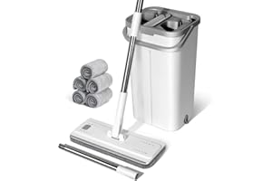 Masthome Juego de Fregona y Cubo, Fregona Plana Profesional con Mango de Acero Inoxidable y 5 Paños de Repuesto de Microfibra para Suelos de Madera, Laminado, Baldosas y Mármol, Blanco + Gris