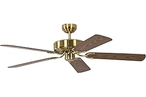 PEPEO Ventilateur de plafond sans éclairage Potkuri Laiton Satiné, lames réversibles Acajou ou Acajou avec rotin, 132 cm