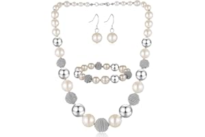 FULU AUTUMN Collana di Perline Grandi per Donna Set di Collana Bracciale e Orecchini con Perline Rotonde Set Gioielli Donna 3 Pcs Regalo Compleanno per Lei