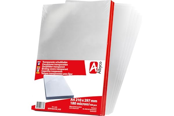Albyco Couvertures Transparents brillants, épaisseur 0,18 mm/180 micron, format A4, 210x297mm, Couverture en PVC, Couverture de reliure, Plats en PVC, Plats de couvertures