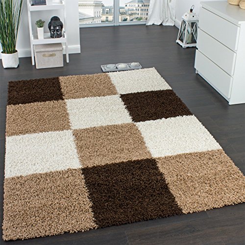 Alfombra Shaggy De Pelo Largo Con Diseño De Cuadros En Diversos Colores, Farbe:Braun, tamaño:200x280 cm