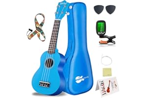 Everjoys Soprano Ukulele Beginner Kit, 21 Inch Ukelele for Kids Adults w/Strap, Tuner, Strings, Songbook, Case, Picks (Blue)