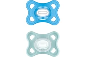 MAM Comfort Lot de 2 tétines 2-12 mois – Sucettes ultra-souples et légères pour les petits bébés – Tétines orthodontiques 100% silicone MAM SkinSoft avec boîte de stérilisation – Bleu/vert d'eau